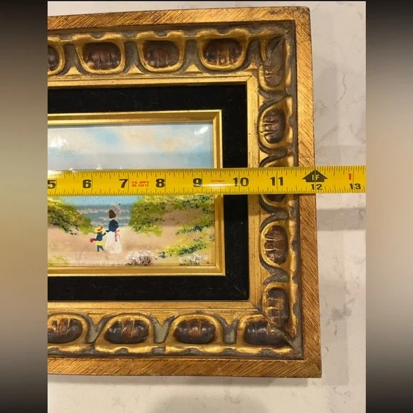 Vintage handpainted mom and daughter beach scene on tile. Gorgeous golden frame